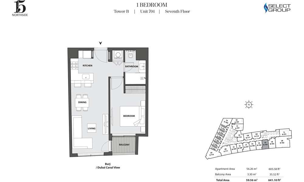 Tower B, 1 Bedroom, Unit 704, Seventh Floor